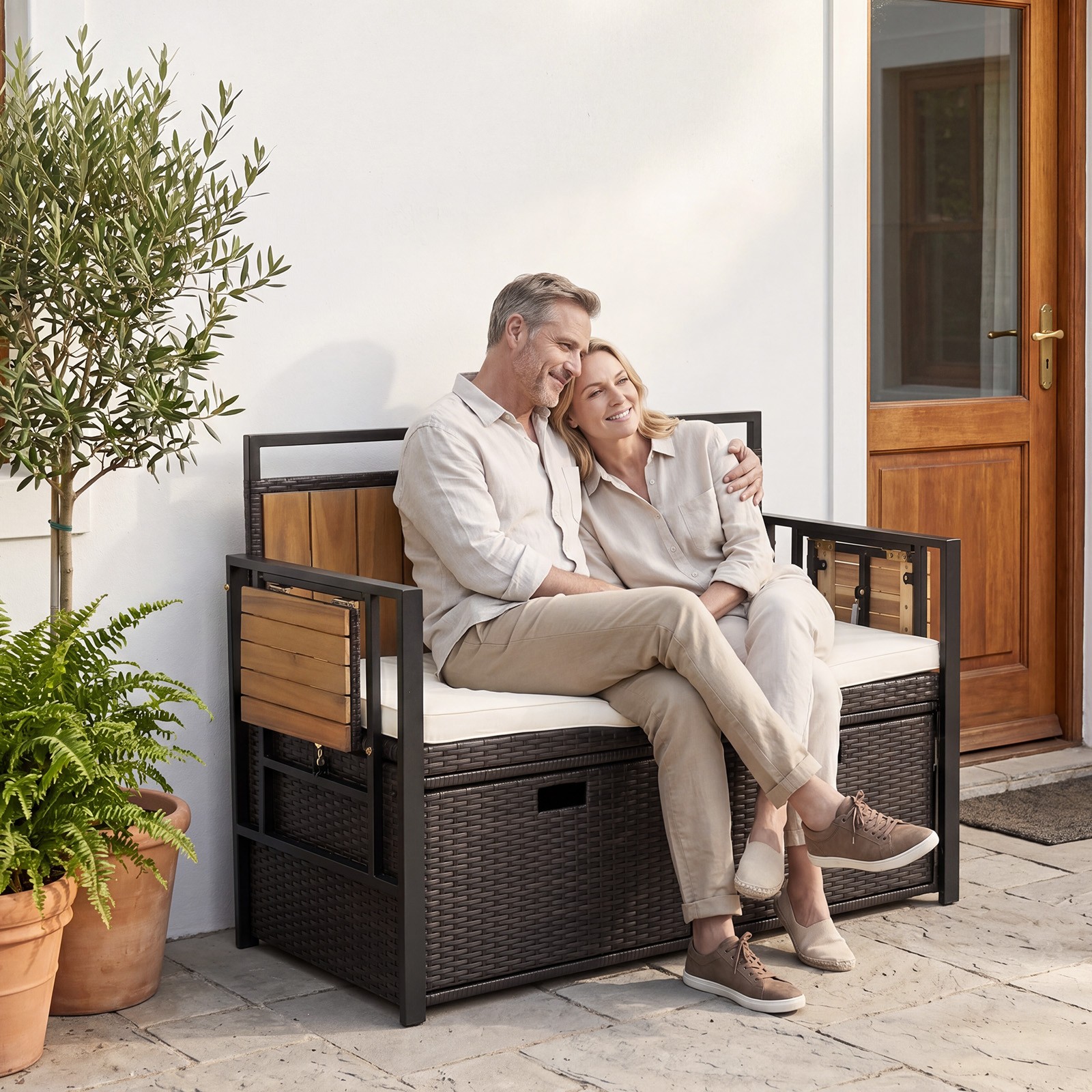 Patio Storage Bench w/2Folding Side Tables,2-Seater Rattan Bench Seat w/Cushion