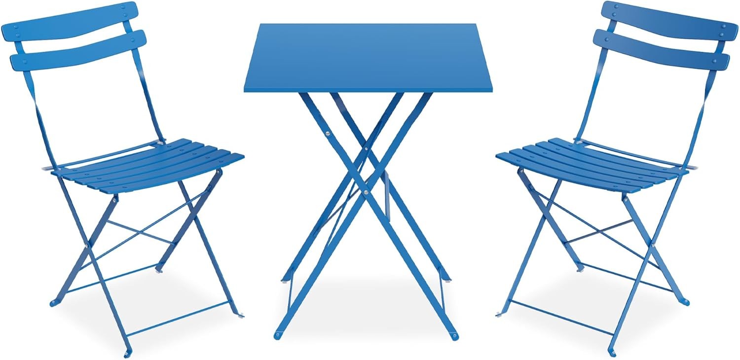 3-Piece Bistro Set Steel Frame Folding Patio Furniture w/ 2 Chair & Bistro Table