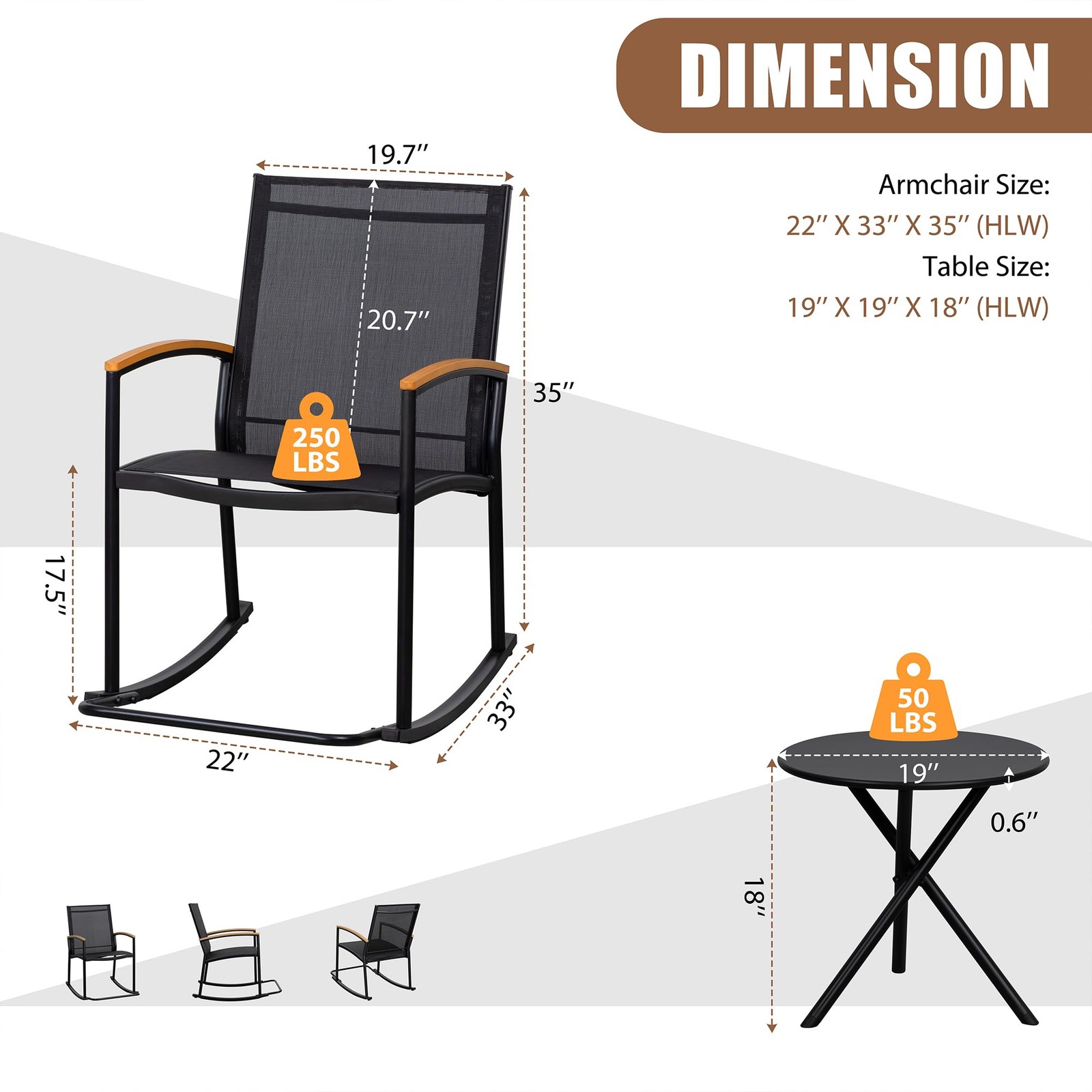 3 Piece Outdoor Rocking Bistro Set, Textilene Fabric Small Patio Furniture Se…