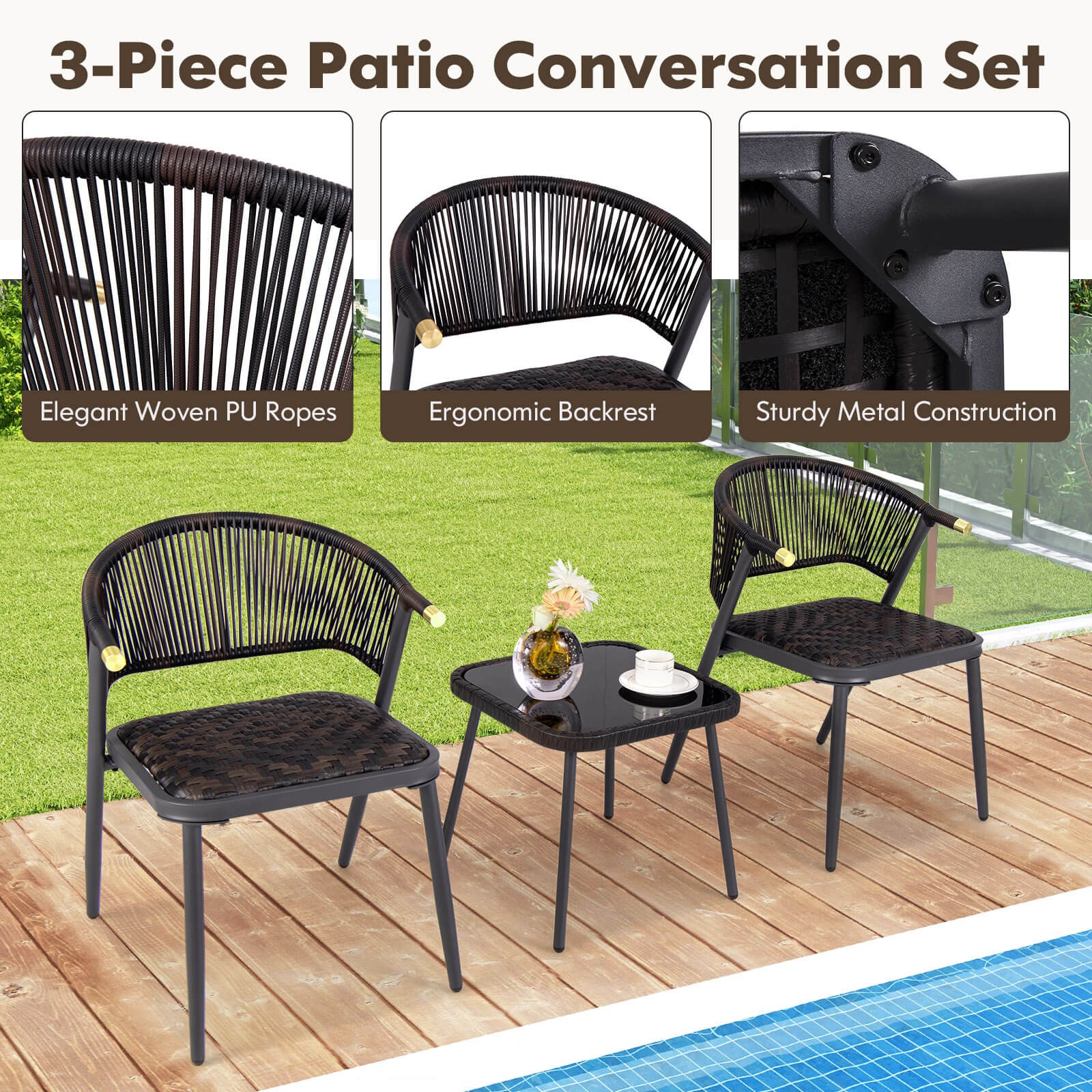 3 PCS Patio Rattan Furniture Set w/ Tempered Glass Tabletop Wicker Seat