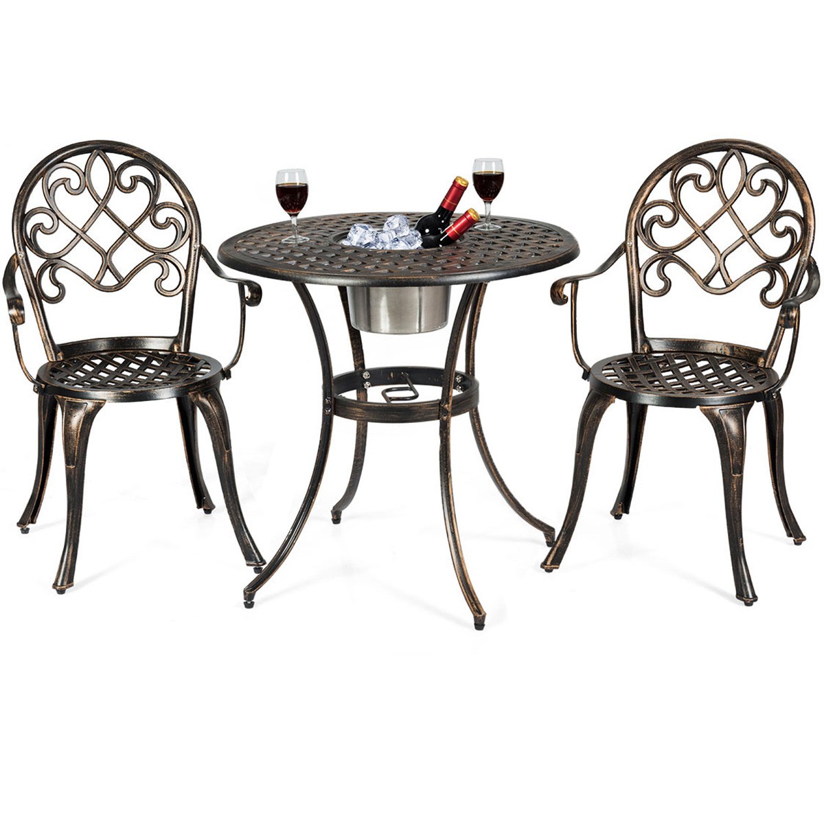 Costway 3PC Cast Aluminum Patio Set Country Yard w/Attached Removable Ice Bucket