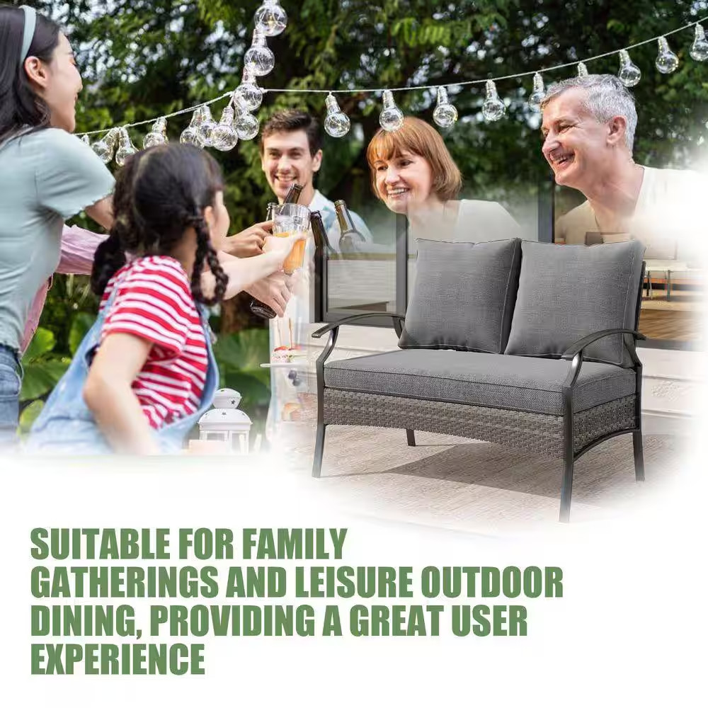 Black Metal Outdoor Patio Loveseat with Gray Cushion