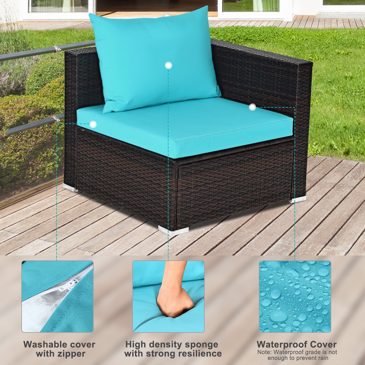 Patio 5PCS Rattan Furniture Set Sectional Conversation Sofa W/ Table Turquoise