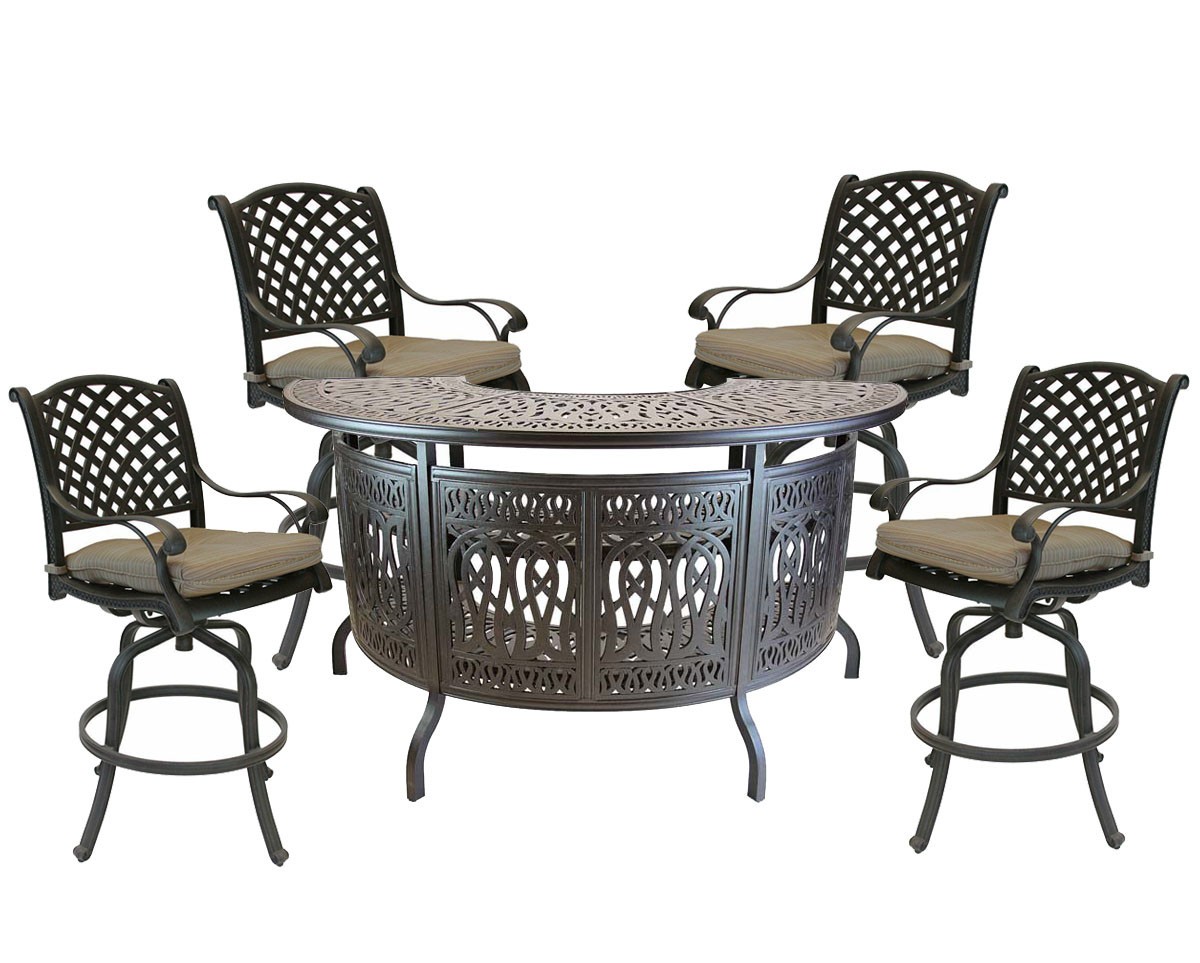 Elisabeth heavy cast aluminum patio bar table set 4 Nassau outdoor stools.