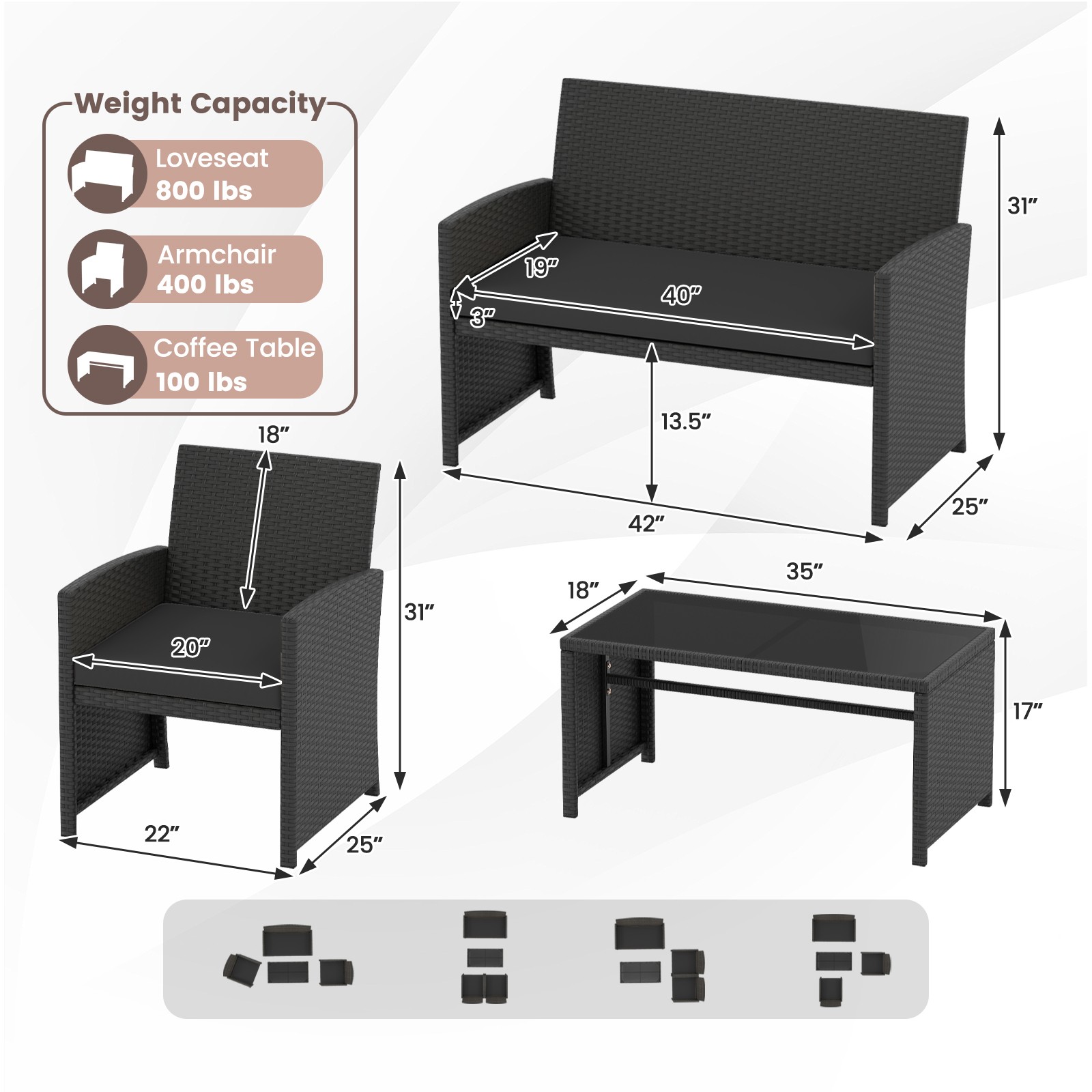 8 PCS Patio Conversation Set w/Seat Cushions & Tempered Glass Tabletop, Porch