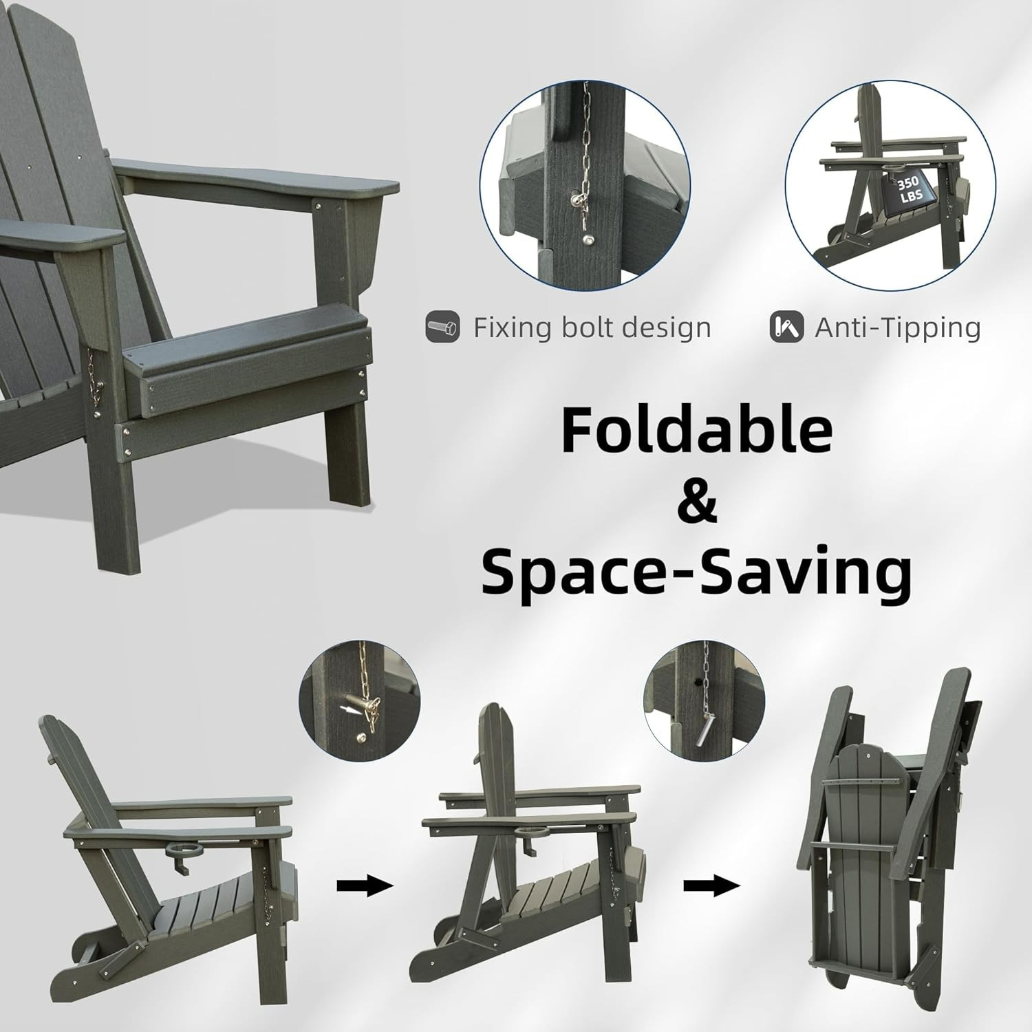 6pcs All-Weather HDPE Folding Adirondack Chair Fire Pit Chair w/Cup Holder,Grey