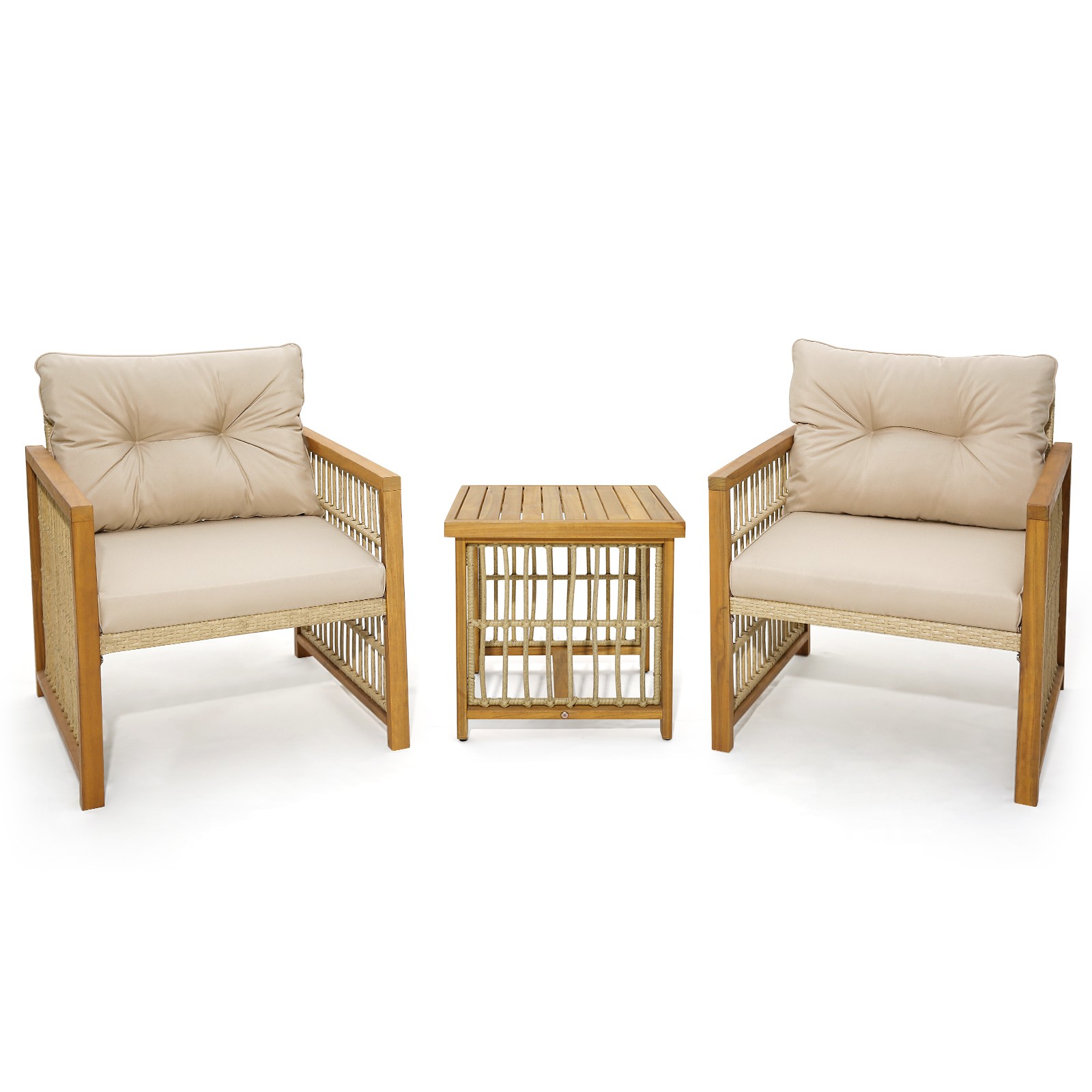 Patio 3PCS PE Wicker Conversation Set Acacia Wood Frame W/Seat & Back Cushions