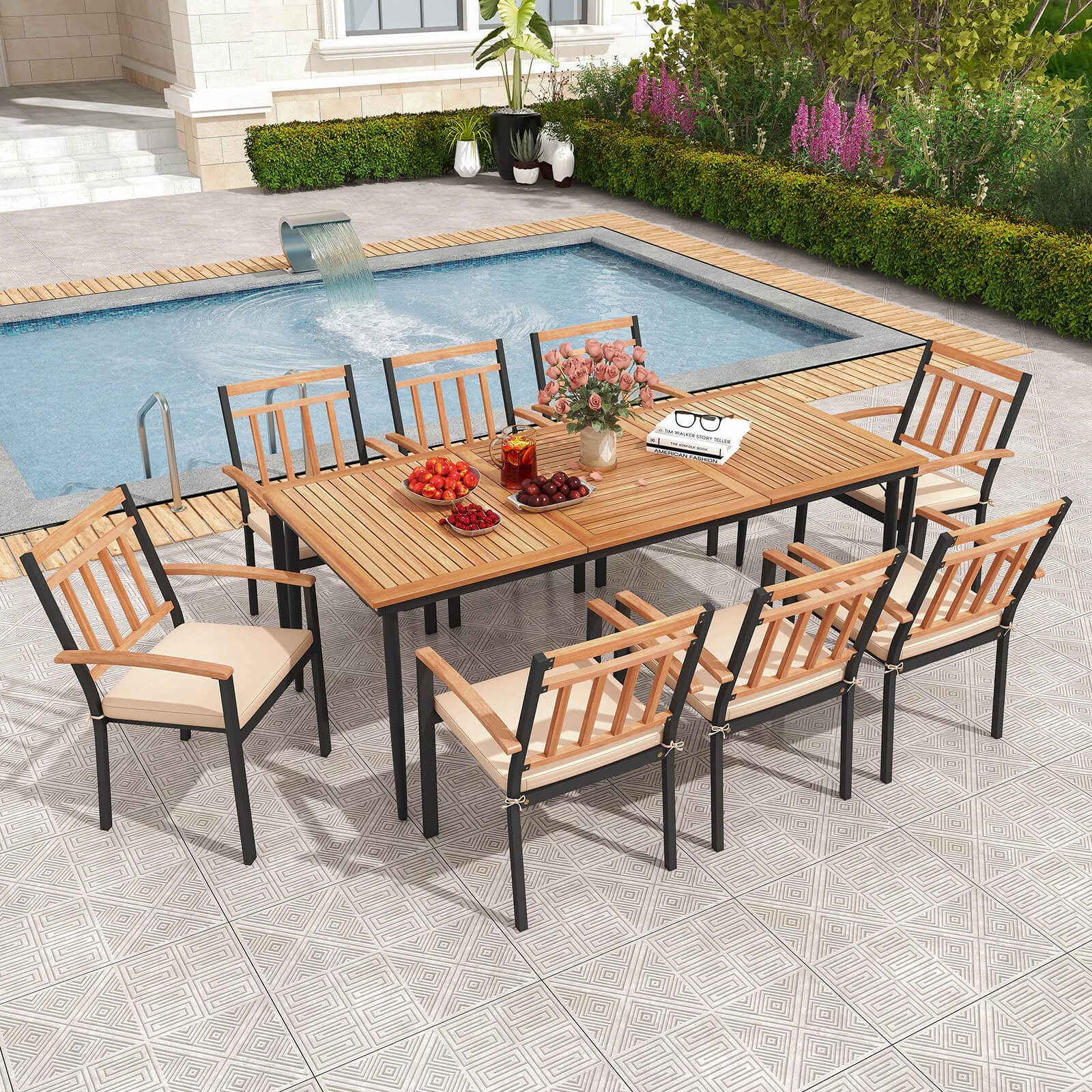 9 PCS Patio Dining Set 79″ Rectangle Dining Tables with 8 Wooden Armchairs