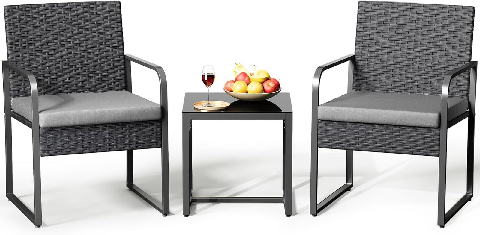3 Piece Patio Bistro Set, Outdoor Black Wicker Furniture Sets, Modern Rattan Cha