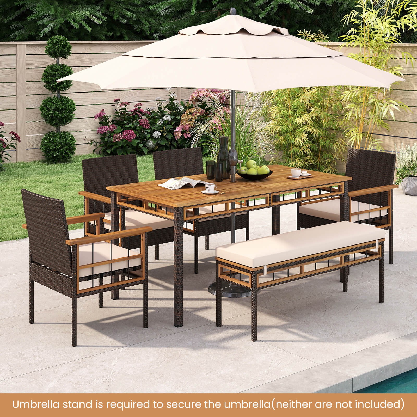 6PCS Acacia Wood Table Backless Bench 4 Armchairs w/1.97” Umbrella Hole Cushion