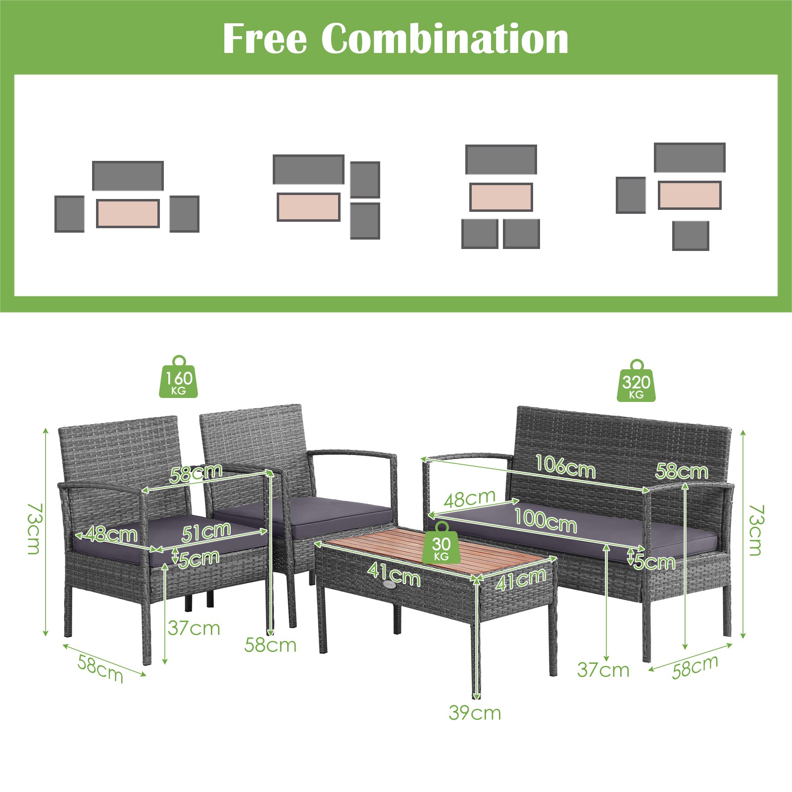 Costway 4PCS Patio Rattan Furniture Set Cushioned Chair Wooden Tabletop Gray