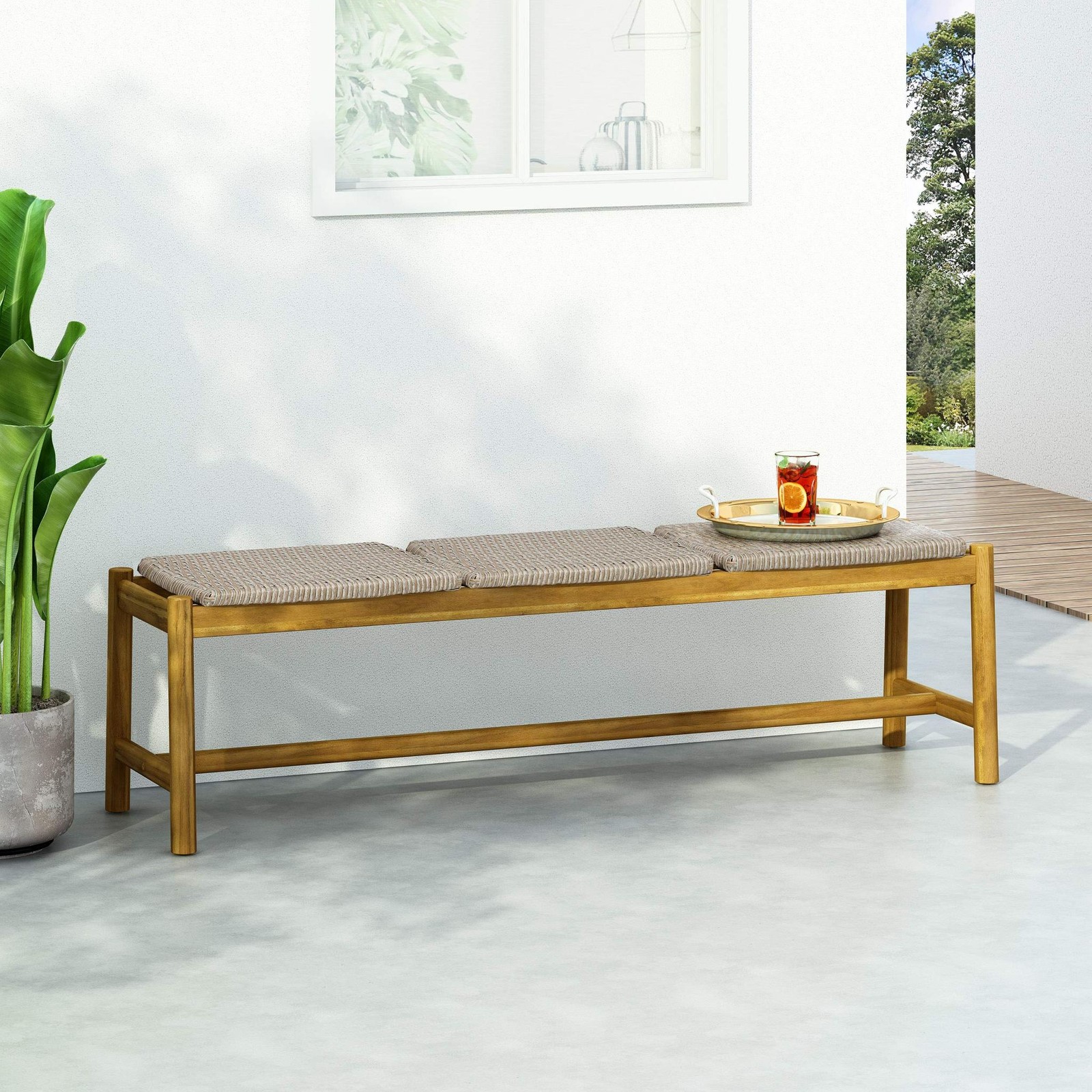 Christopher Knight Home Phoebe Outdoor 3 Seater Wicker Bench, Teak Finish,