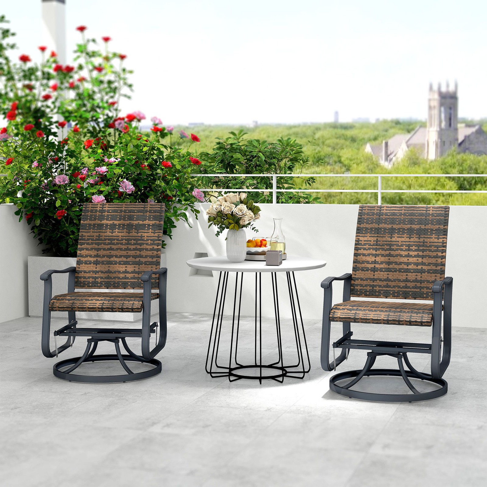 PE Wicker Glider Set of 2, Powder-Coated Steel, High Back, Brown, Outdoor