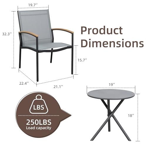 3 Pieces Patio Bistro Sets, Outdoor Textilene Fabric Conversation Bistro Grey