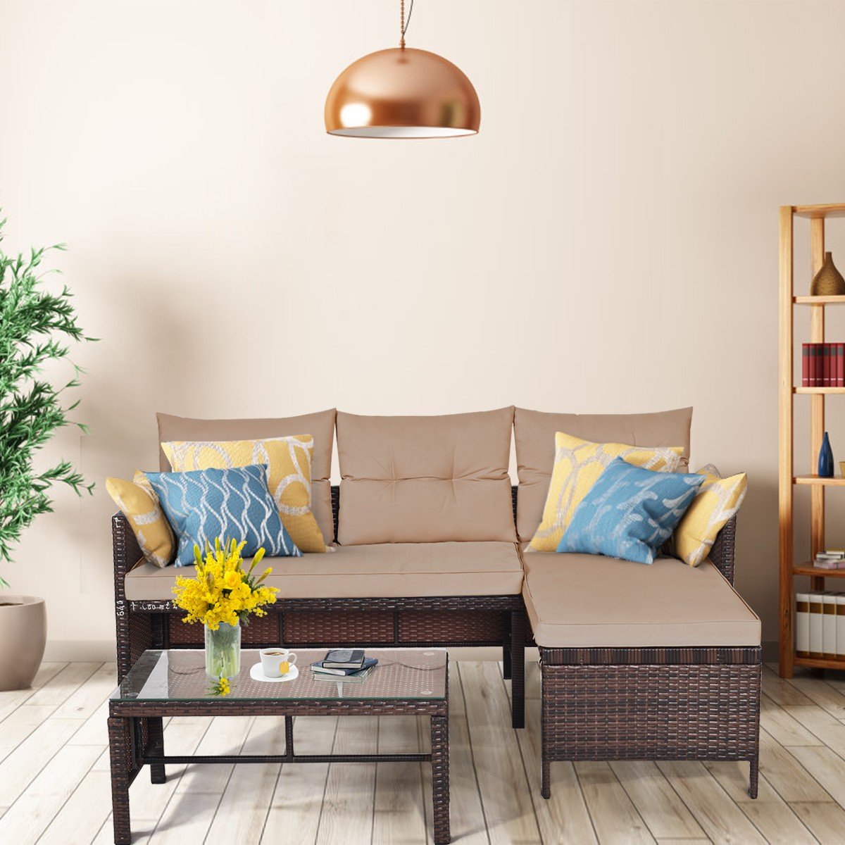 Costway 3 PCS Patio Wicker Rattan Sofa Set Sectional Conversation Furniture Set