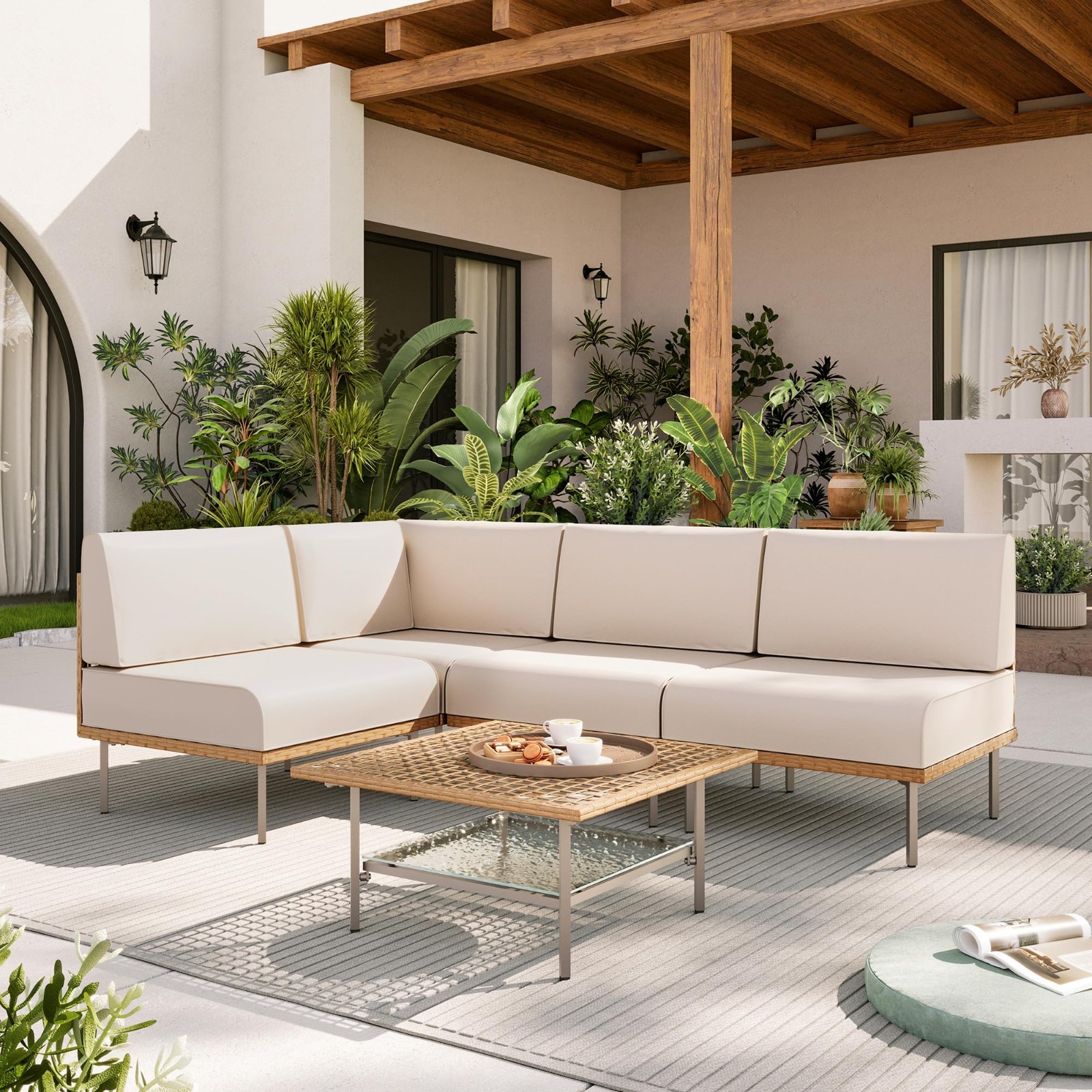 Rattan Patio Set Sectional Sofa Washable Cushions Tempered Glass Table forGarden