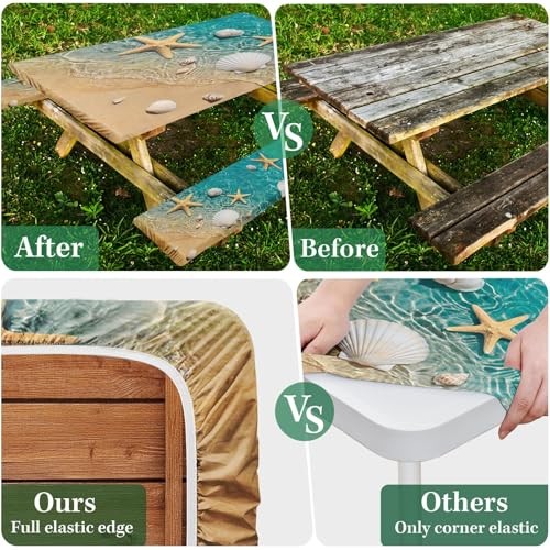 Picnic Table Cover with Bench Covers Elastic Edges, 96in Starfish Seashell