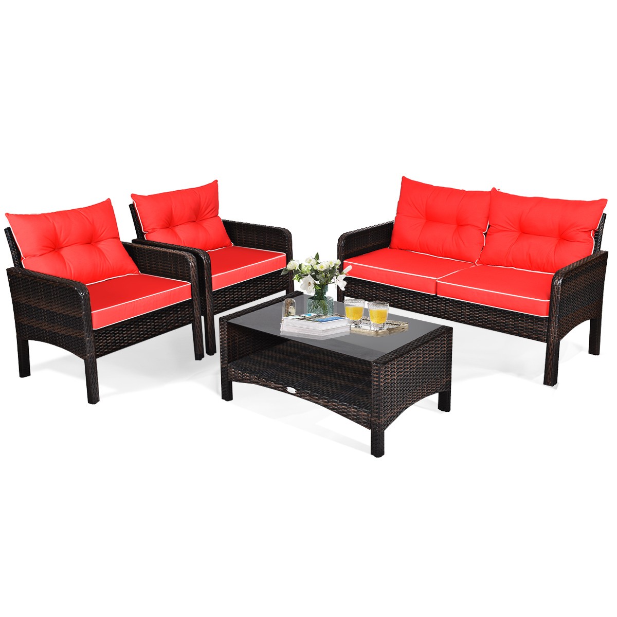 4PCS Rattan Patio Conversation Set Red Cushioned Outdoor Furniture Set