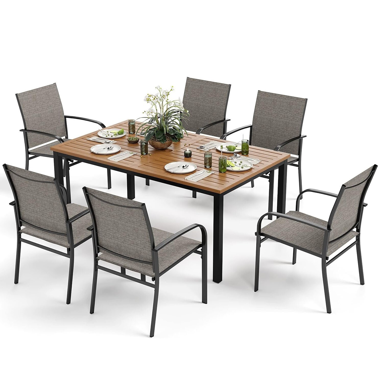 7 Pcs Outdoor Patio Dining Set Furniture Backyard w/ Wood-like Table 6 Chairs
