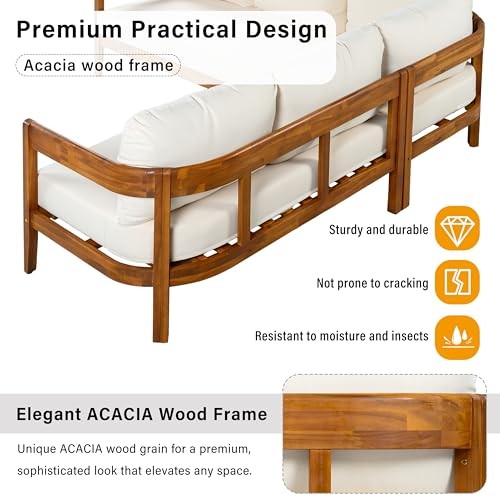 Acacia Solid Wood L-Shape Sofa Patio Furniture Set, 5 Seater Sectional White