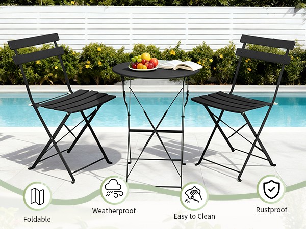 Set of 3 Folding Bistro Table Chairs Dining Set Weather-Resistant for In/Outdoor