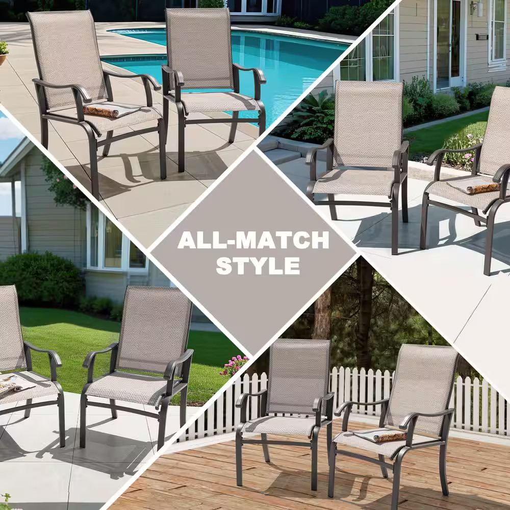 Gray Textilene and Metal Outdoor Dining Chairs Set in Beige with Ergonomic Desig