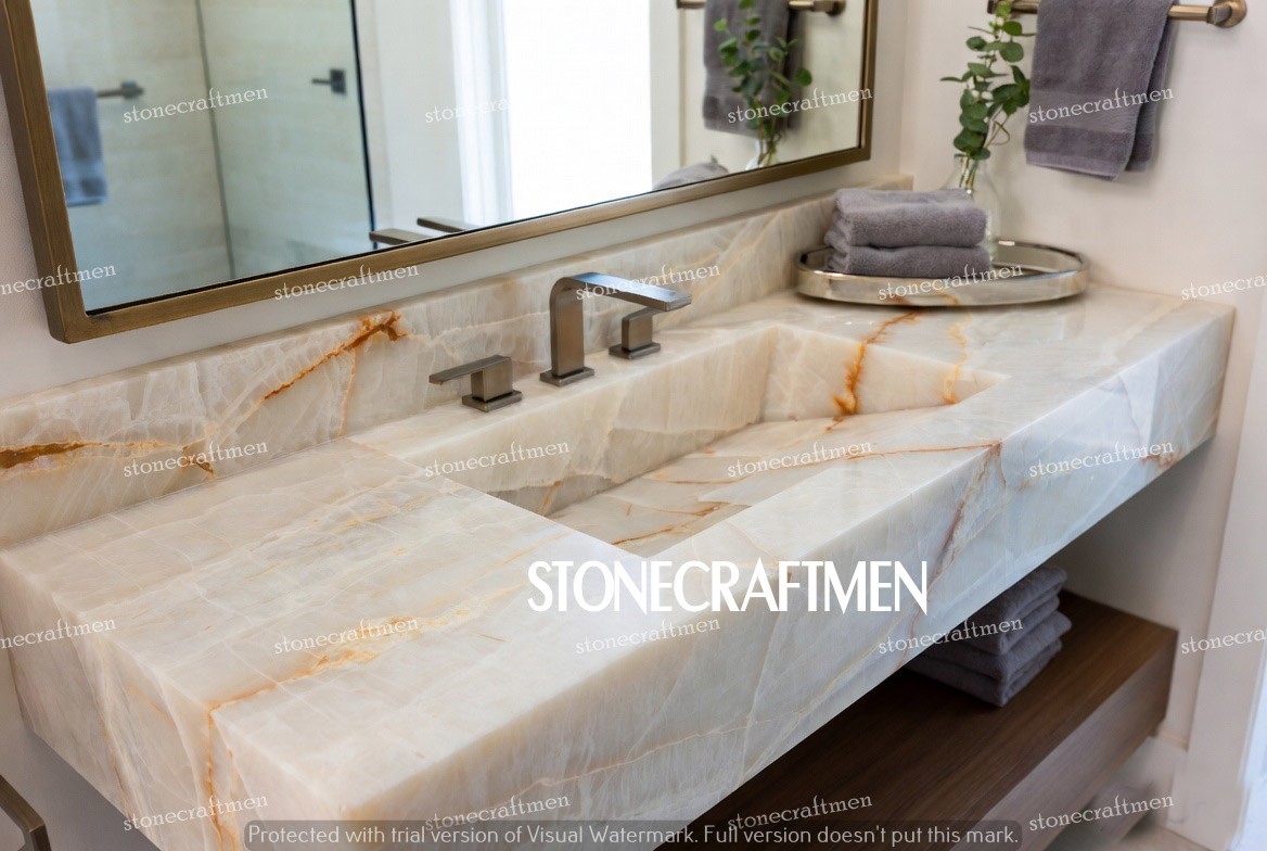 White Onyx Bathroom Vanity Top – Elegant Natural Stone Countertop with Decor