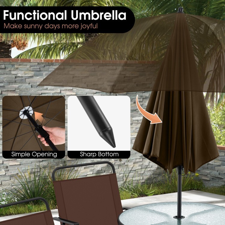 6Pcs Patio Outdoor Dining Folding Chairs & Glass Table Set Tilt Umbrella Garden