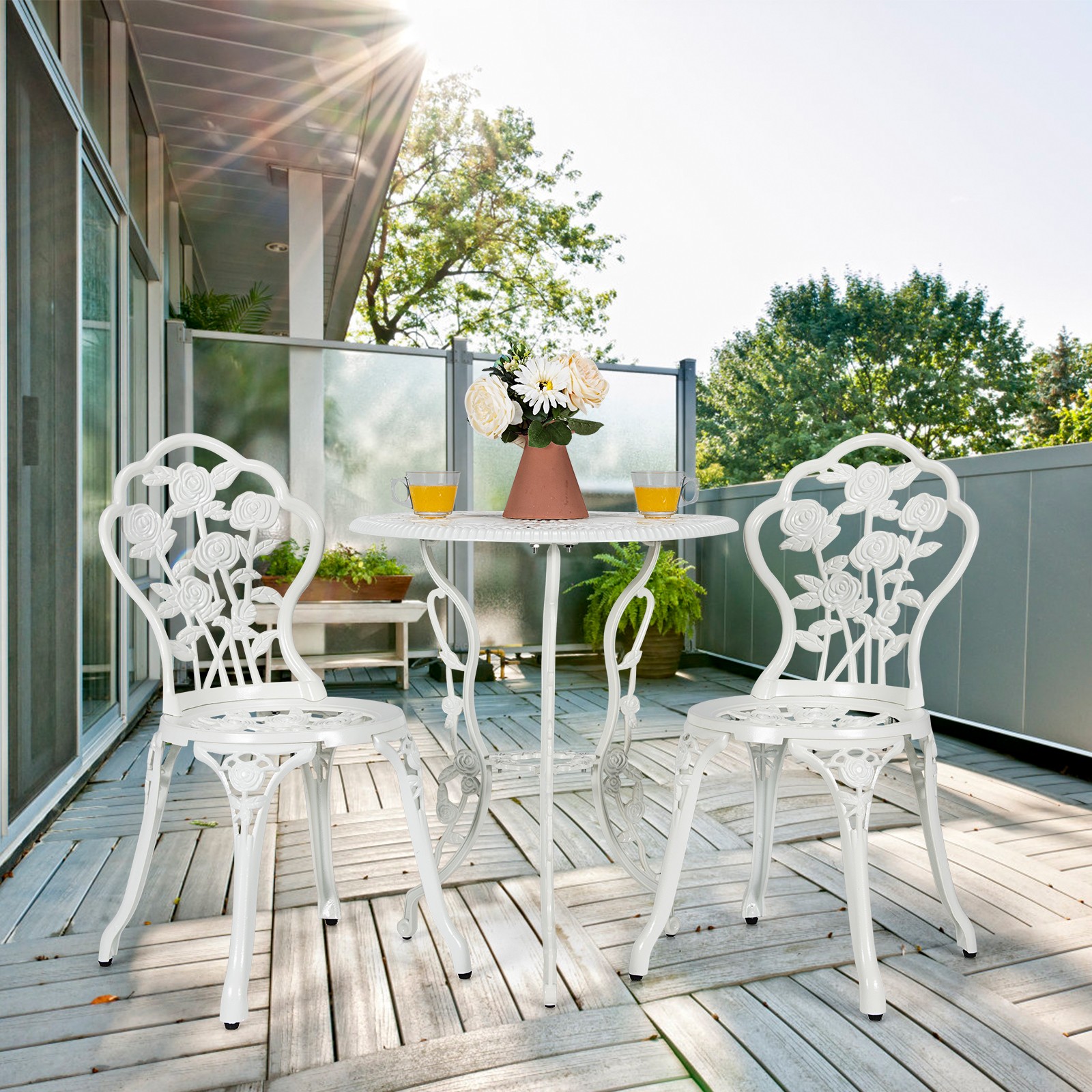 Patiojoy Outdoor 3PCS Cast Aluminum Patio Bistro Furniture Set Rose Design White