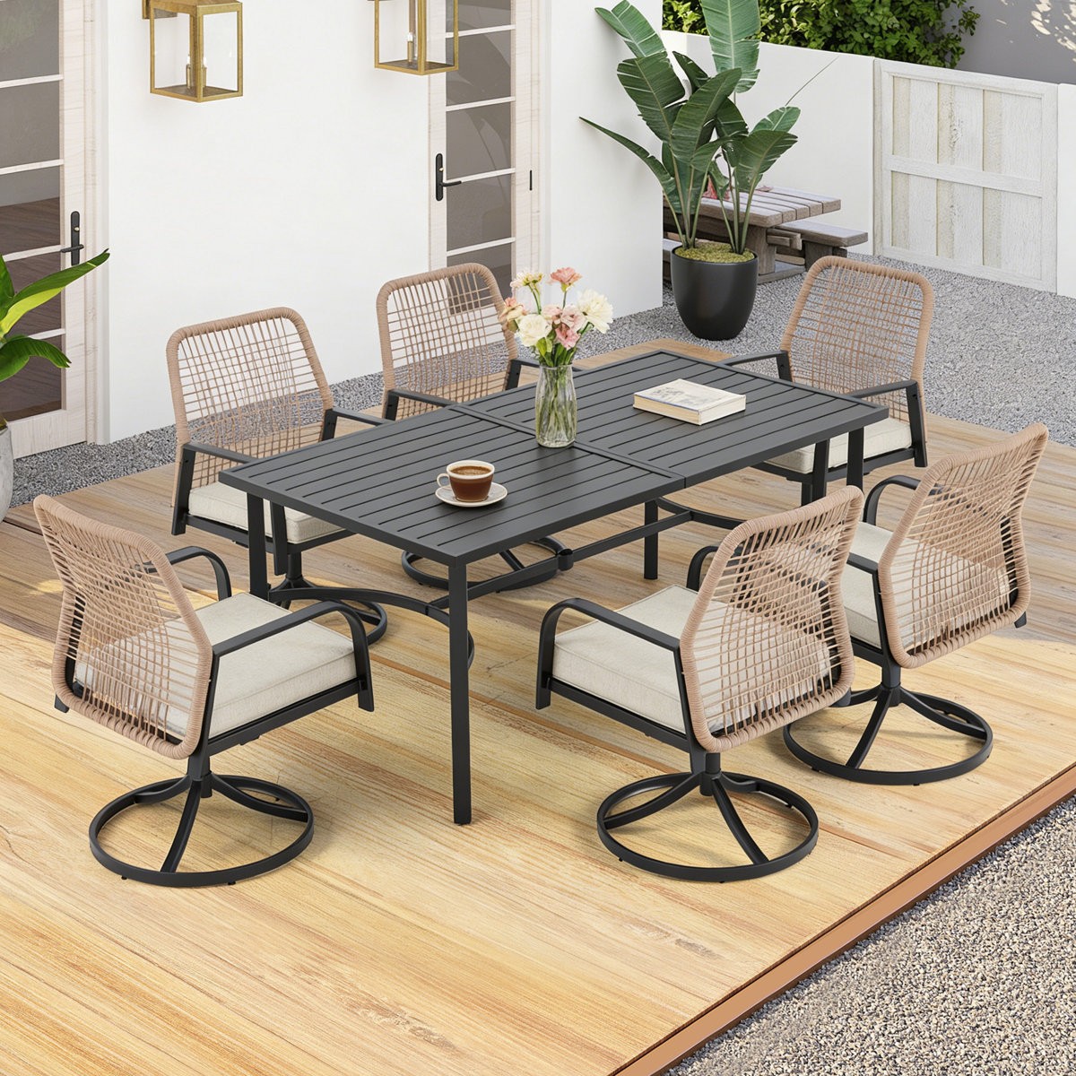 7 Piece Patio Dining Set 6 Rattan Swivel Chairs Cushions Table Umbrella Hole