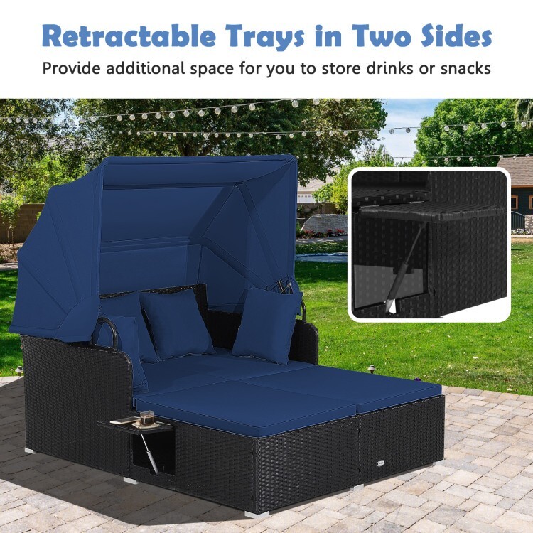 Patio Rattan Daybed Lounge Canopy Navy Cushions Outdoor Furniture W/ Side Tables