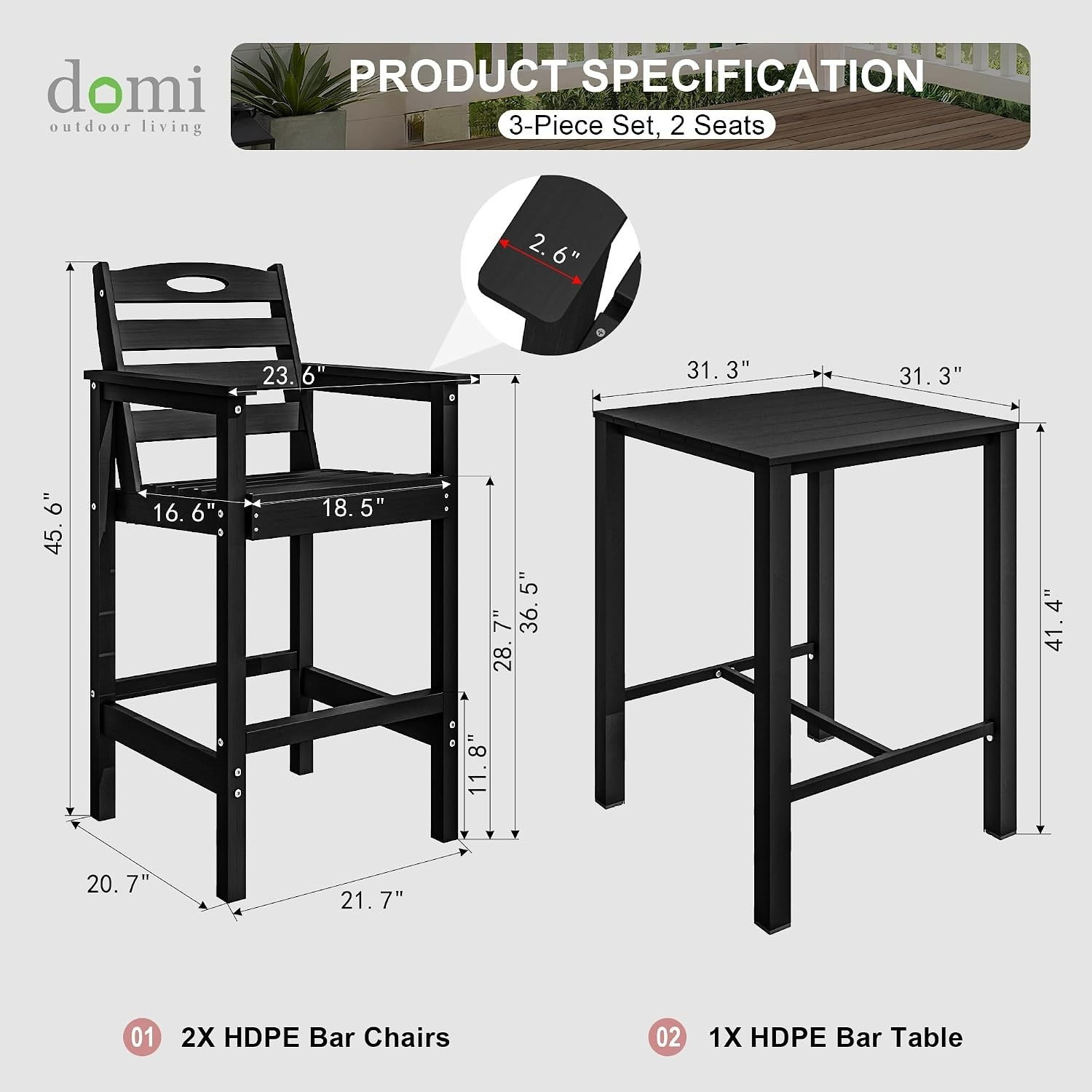 Domi 3Pcs HDPE Adirondack Patio Bar Set(1Table+2Chair)for Balcony,Backyard,Black