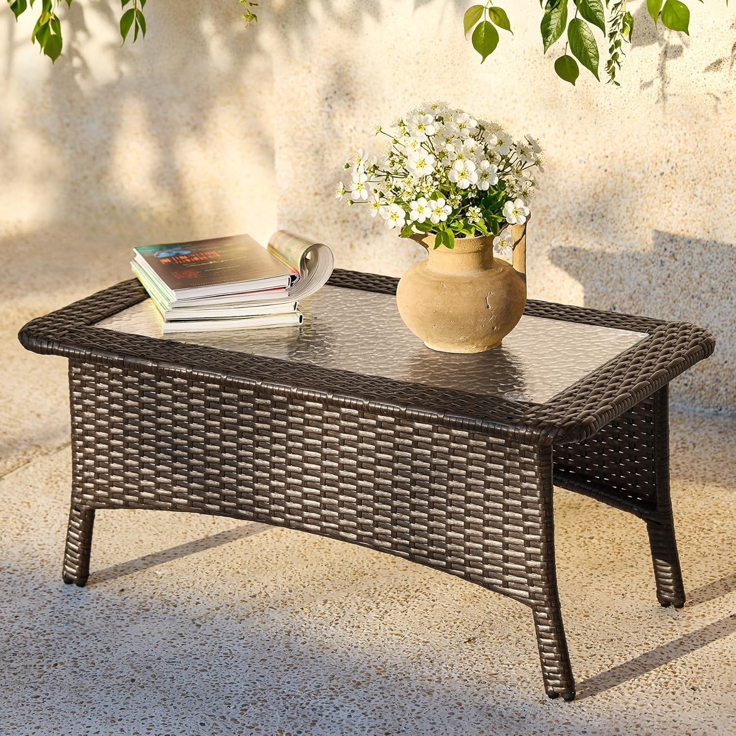 Rectangular Outdoor Wicker Coffee Table w/ Hammered Glass Top for Deck, Backyard