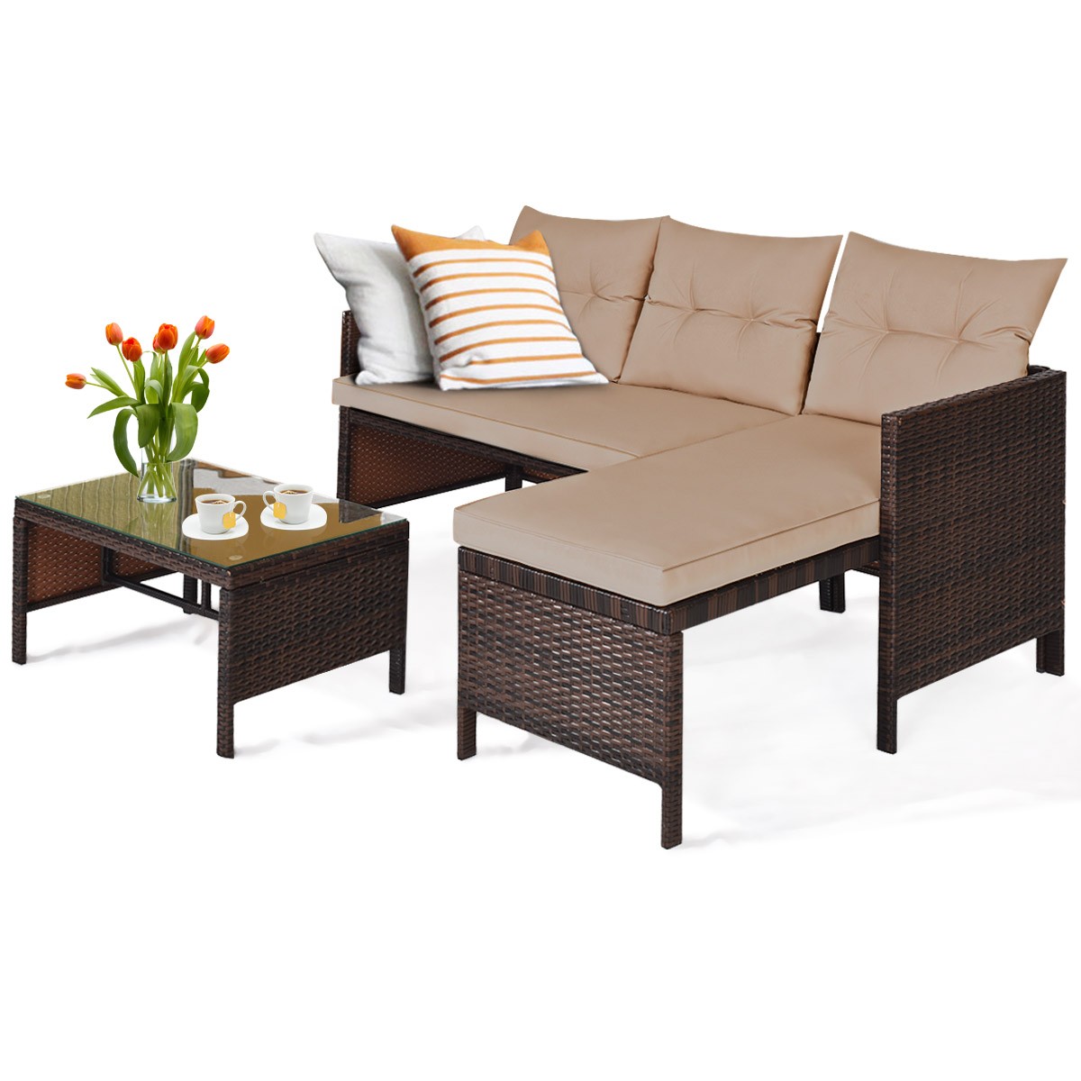 Costway 3 PCS Patio Wicker Rattan Sofa Set Sectional Conversation Furniture Set