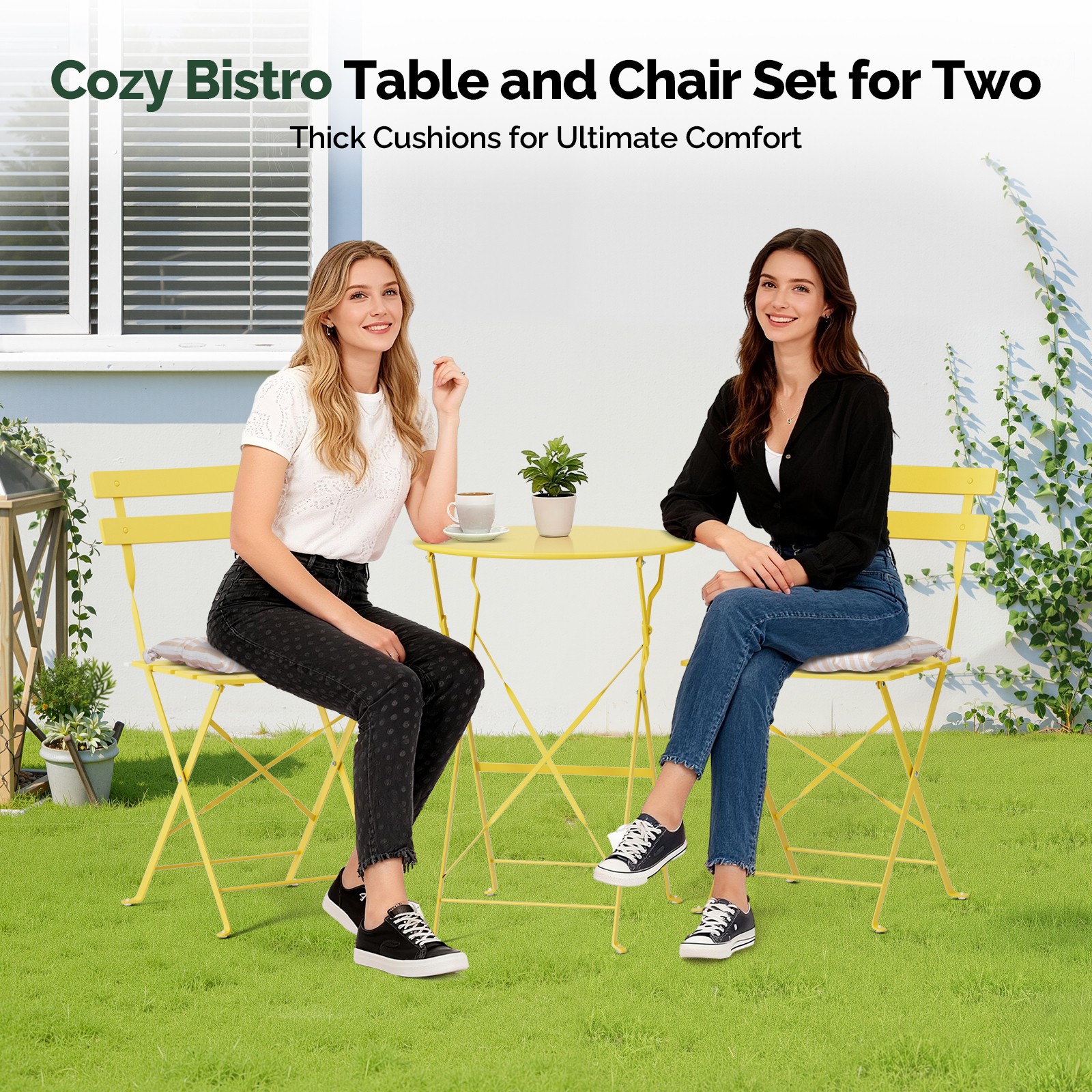 Folding Bistro Table, Chairs Dining Set 3Piece with Seat Cushions for In/Outdoor