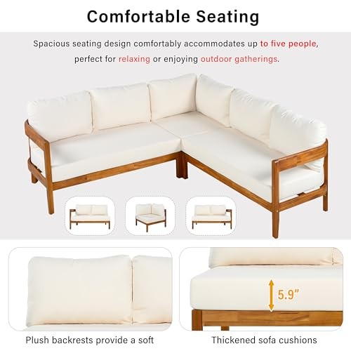 Acacia Solid Wood L-Shape Sofa Patio Furniture Set, 5 Seater Sectional White