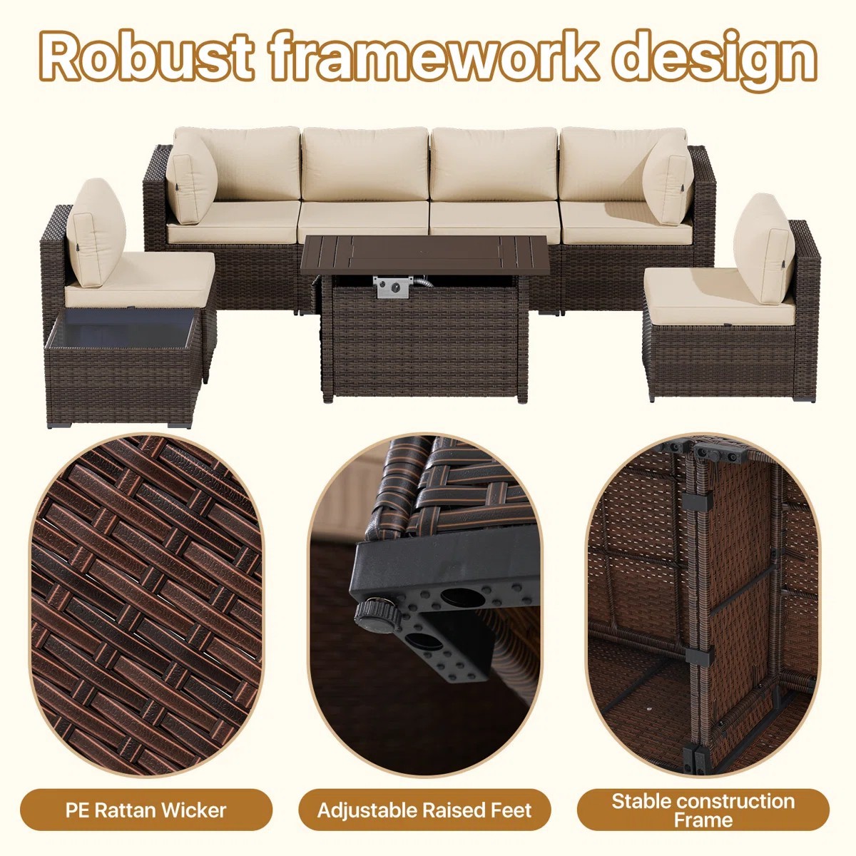 8 Piece Patio Furniture Set with Propane Gas Fire Pit Table (wicker)