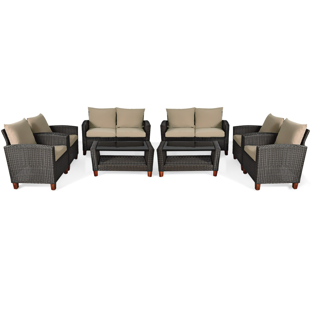 8PCS Patio Rattan Home Set Solid Wood Cushioned Sofa Garden Outdoor Indoor
