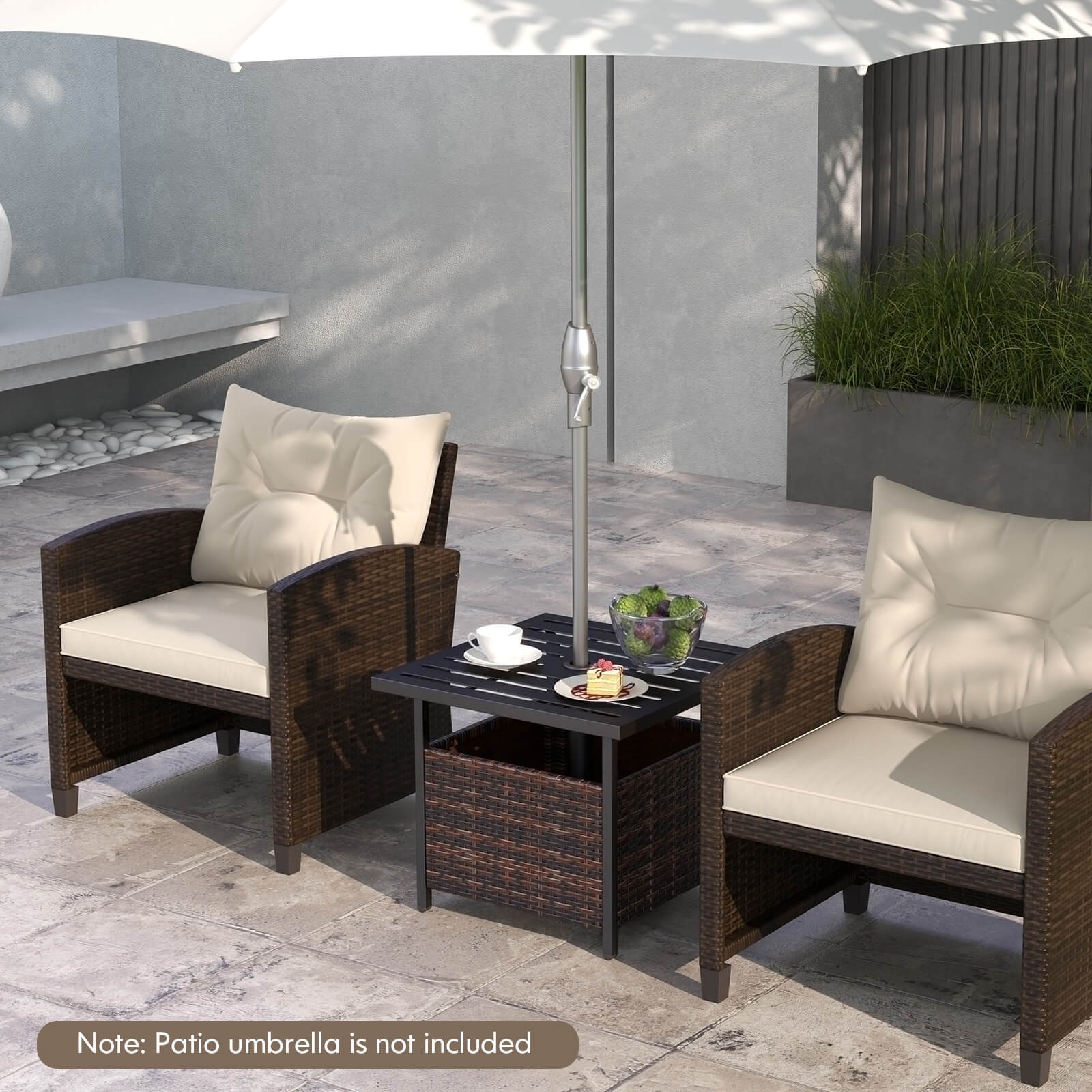 Rattan Side Table Outdoor Patio Wicker End Tea Coffee Table w/ Umbrella Hole