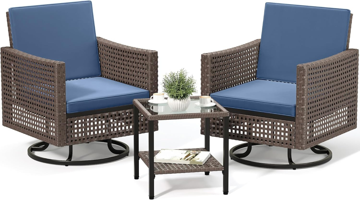YITAHOME 3 Pieces Patio Set W/2.8″ Thick Cushions, All Weather Swivel Patio Furn