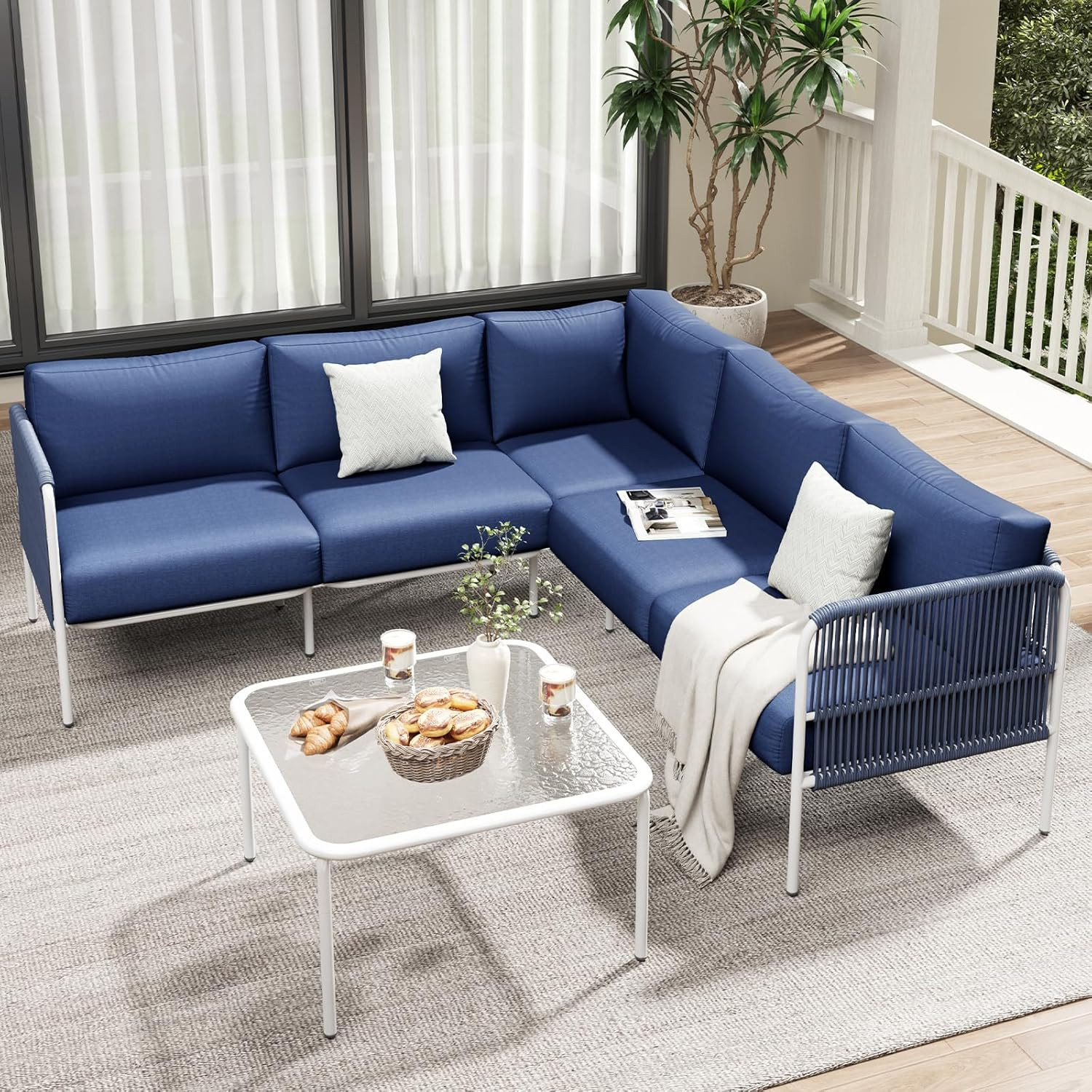 Patio Furniture Set, 6 Pieces Outdoor Sectional Sofa Set, L-Shaped Metal Patio C