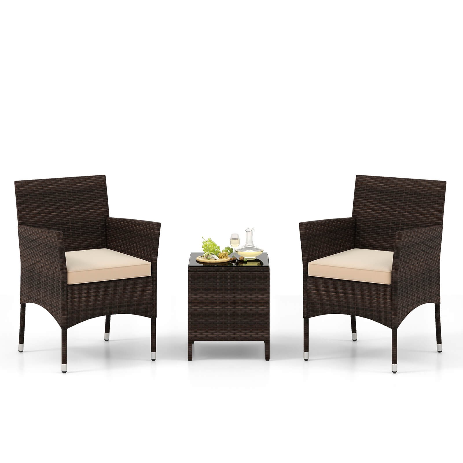 3 PCS Outdoor Conversation Set with Cushioned Seat and Tempered Glass Tabletop
