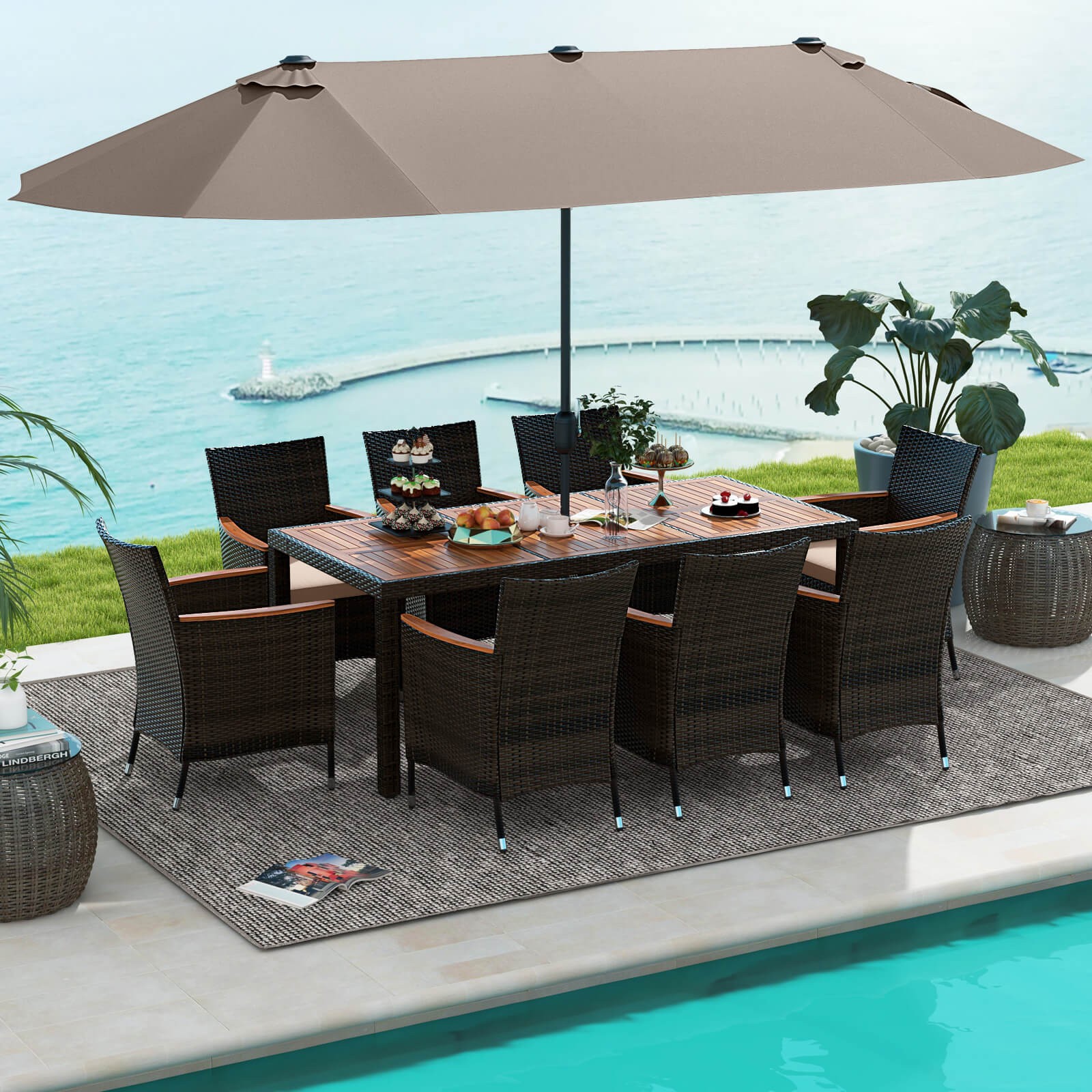11 PCS Patio Dining Set with 15ft Double-Sided Patio Umbrella (Base Included)