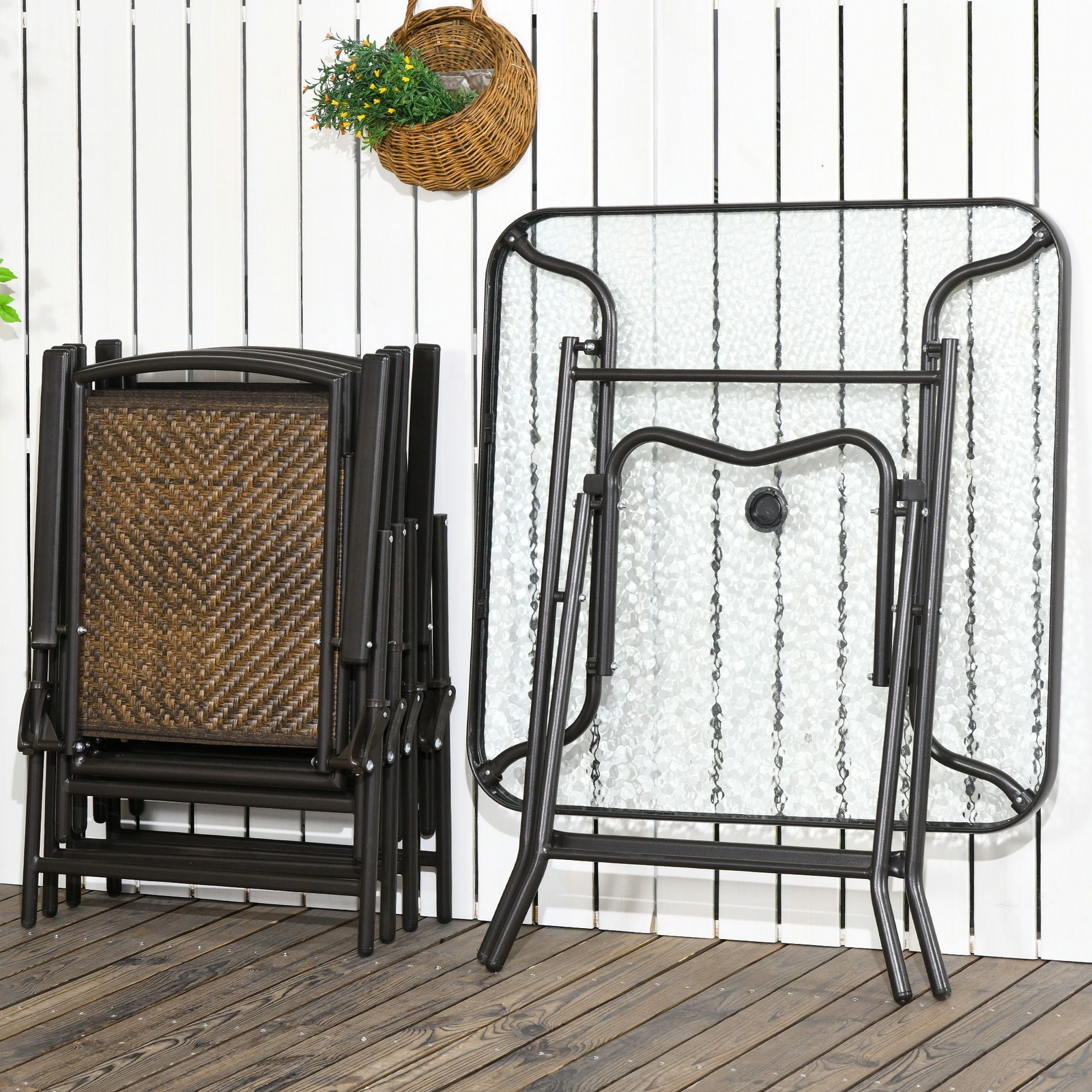 Wicker Patio Dining Set: 1 Table + 4 Chairs, Steel Frame, PE Rattan, Dark Brown