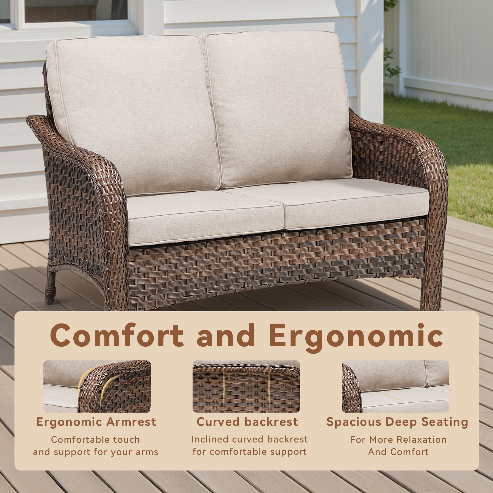 49.6″ PE Wicker Rattan Patio Loveseat with Beige Deep Seat Cushions