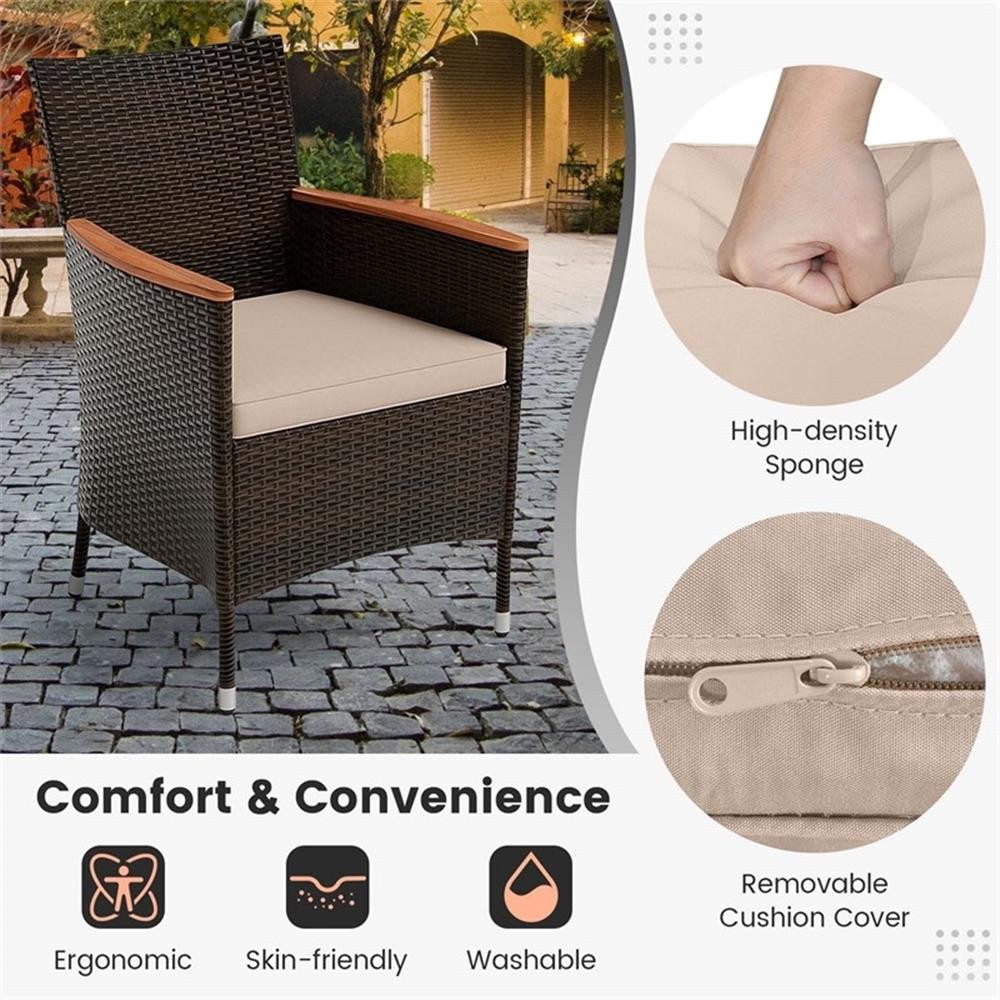 Pemberly Row 9PCS Patio Wicker Dining Set Wood Table Umbrella Hole Brown