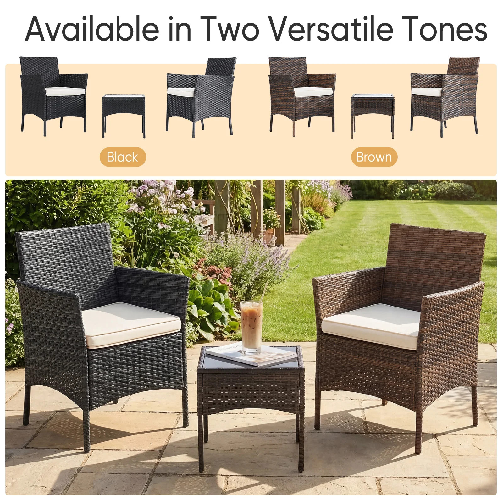 JHK 3 Pieces Outdoor Patio Furniture Set Manual Weaving Wicker Rattan Patio Chai