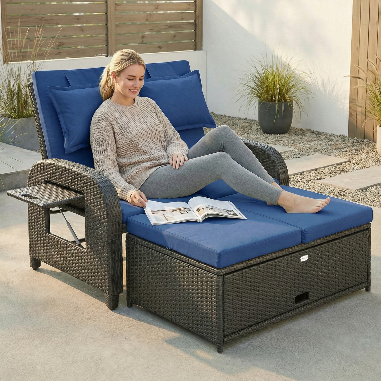Outdoor Patio Rattan Daybed w/ Storage Ottoman, Navy Blue