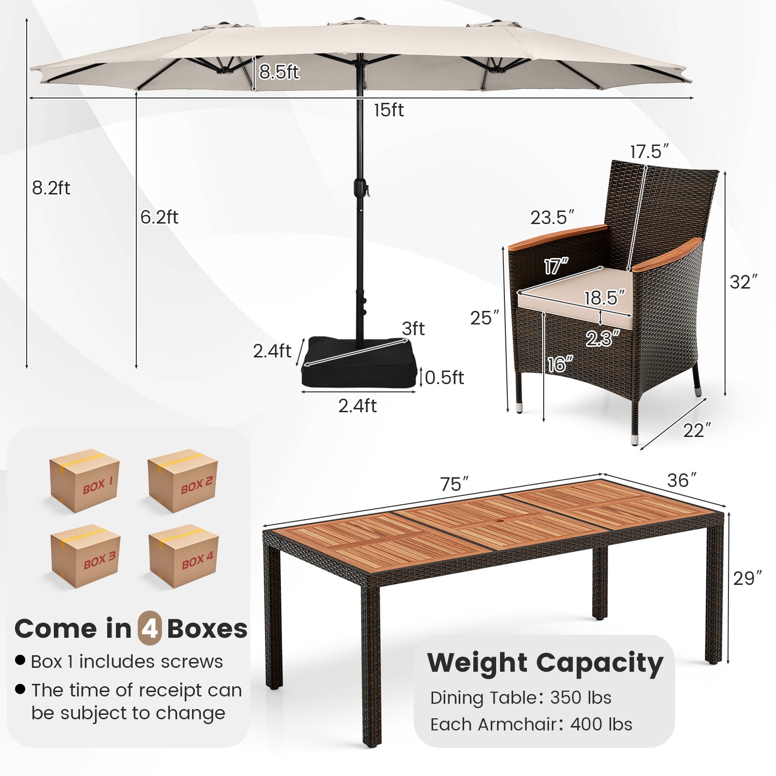 11 PCS Patio Dining Set with 15ft Double-Sided Patio Umbrella (Base Included)