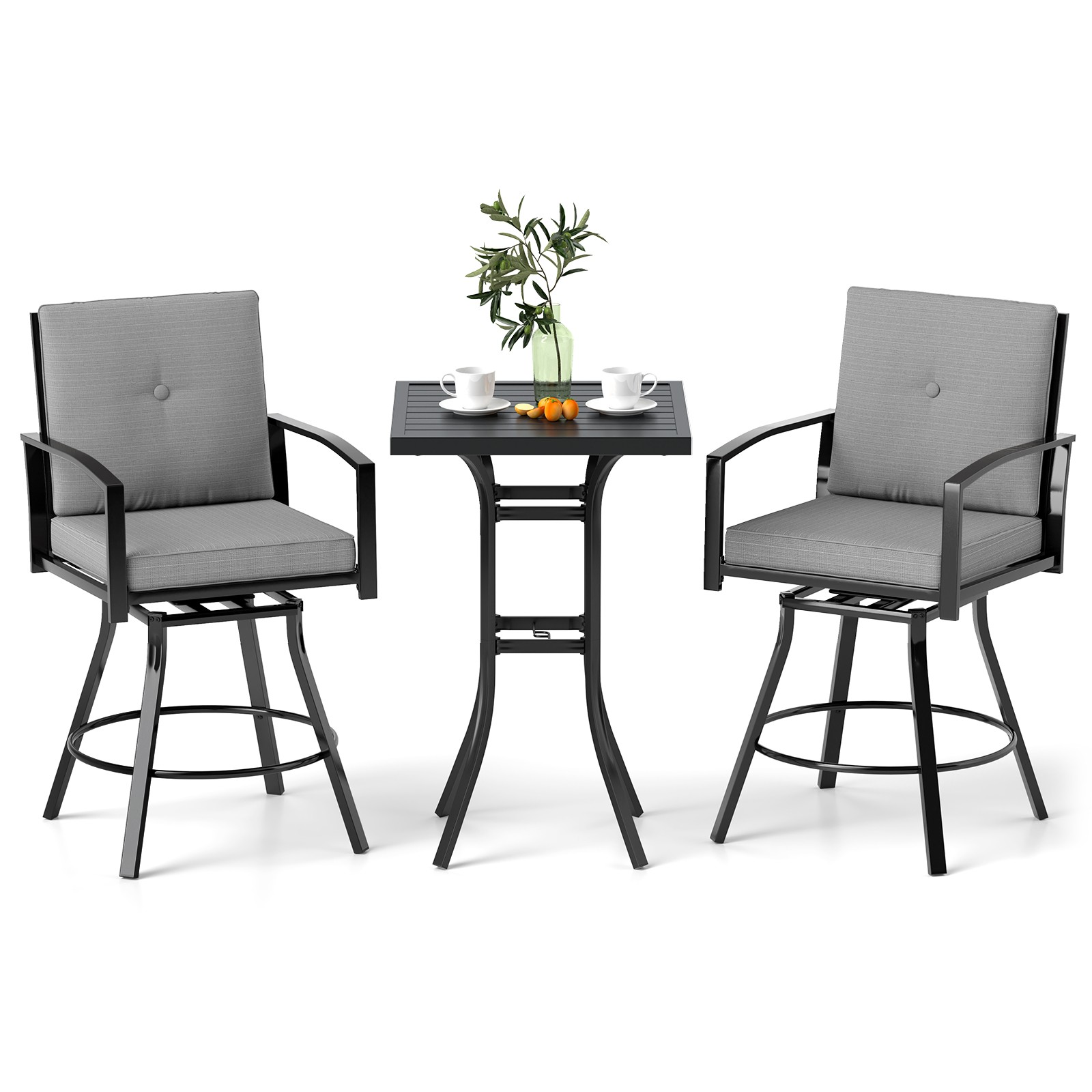 3 Pieces Patio Swivel Bar Set with Soft Cushions & 1.57” Umbrella Hole for Lawn
